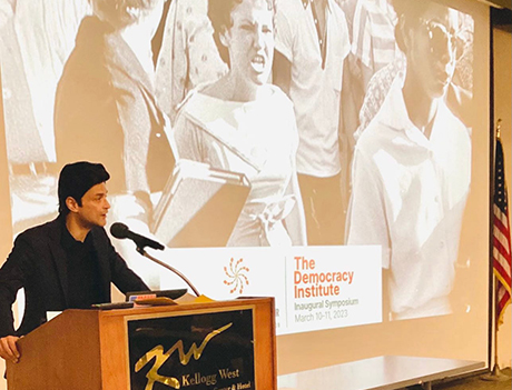 Ahimsa Center Director Dr. Aishwary Kumar speaking at the Inaugural Symposium of The Democracy Institute in Spring 2023