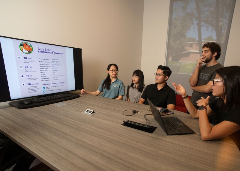 Attendees of a workshop in the Hub looking at the projector.