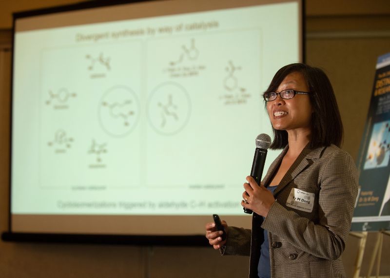 A speaker presents a chemistry research project with diagrams projected on a screen.