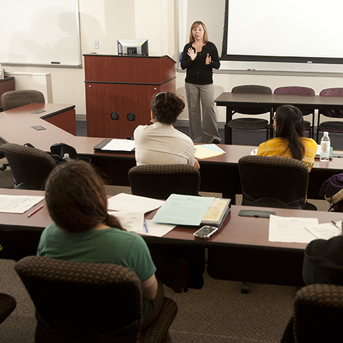 professor for a day alumna in the classroom.