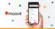 Moovit logo and a hand holding a mobile phone in a graphic