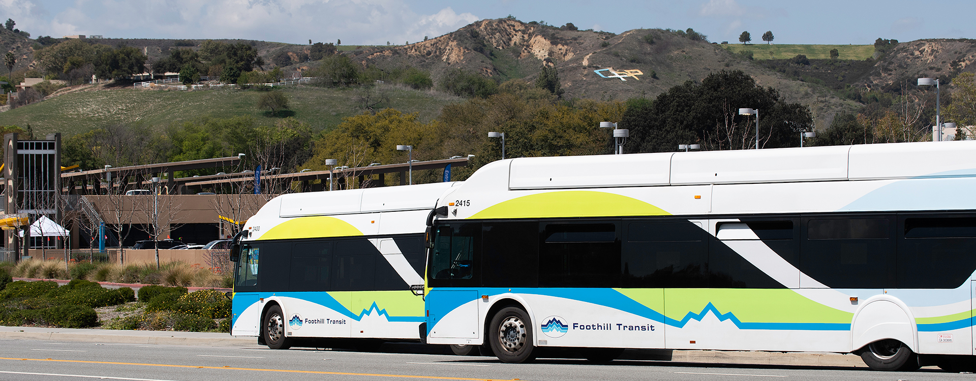 The Bus stops near the Mass Vaccination Hub at Cal Poly Pomona