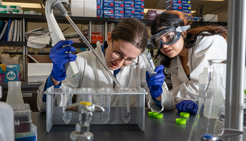 Two female biology students work together in a lab. 