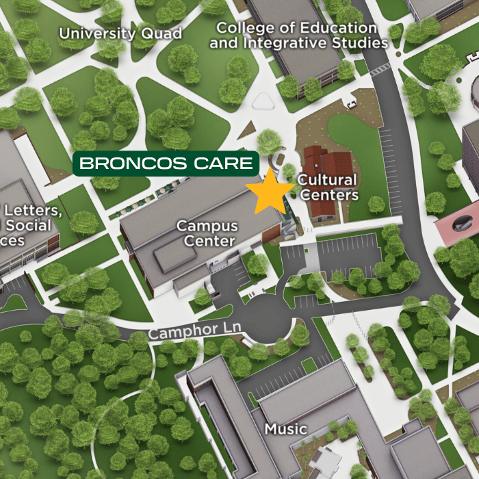Image of the care Center on a map with a star on Building 97.