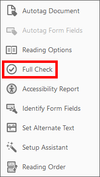 Accessibility pane open displaying Full Check
