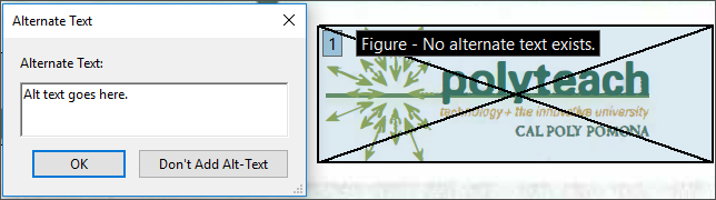 Alternative Text window open displaying Alternative Text field