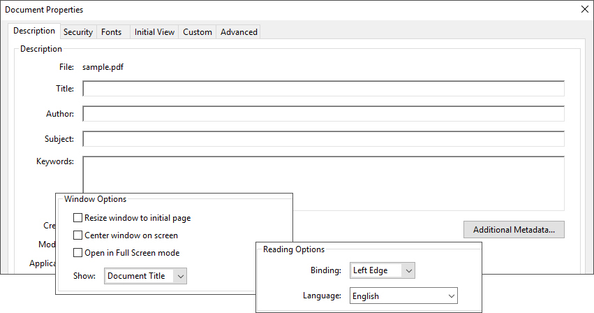 Document Properties with Description, Initial View, and Advanced tabs open