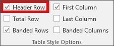 Header Row option selected in Table Style Options