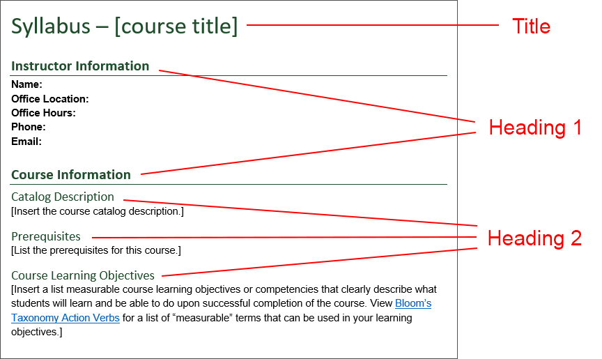 Document example labeling the Title, Heading 1s, and Headings 2s