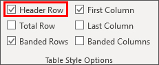 Header Row option selected in Table Style Options