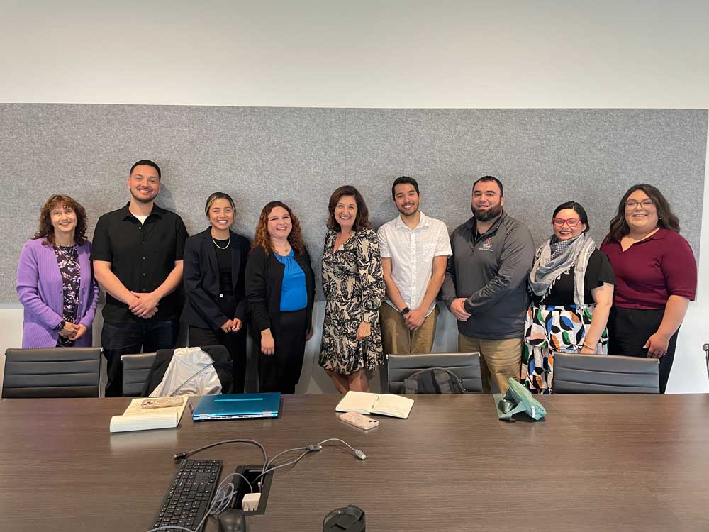 In the photo: Eligio Martinez, Omar Sanchez, Lisa Kessler, Sandra Gomez, Luz Burgos Lopez, Dean of College of Letters, Arts and Social Sciences, Camille Su-lin Johnson, Marialexia Zaragoza, Leslie Luqueno, Jonathan Perez, and Jonathan Iberra