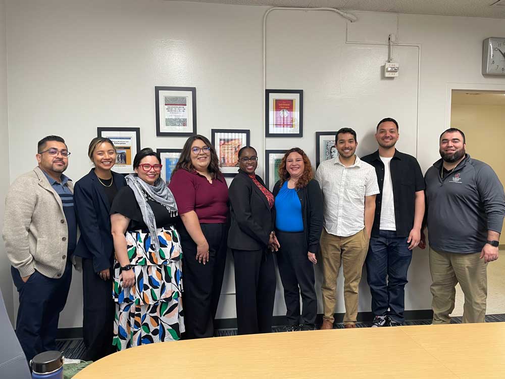 In the photo: Eligio Martinez, Sandra Gomez, Luz Burgos Lopez, Marialexia Zaragoza, Dean of the College of Education and Integrative Studies, Jenelle Pitt-Parker, Leslie Luqueno, Jonathan Perez, Jonathan Iberra, and Omar Sanchez