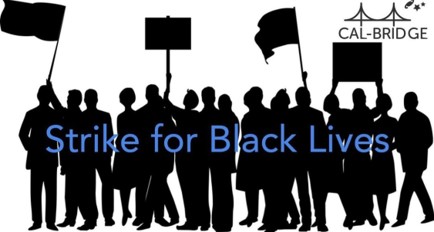 silhouette image of a line of protestors with the text "Strike for Black Lives" in blue