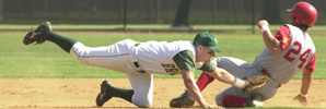 bronco baseball player sliding into home plate