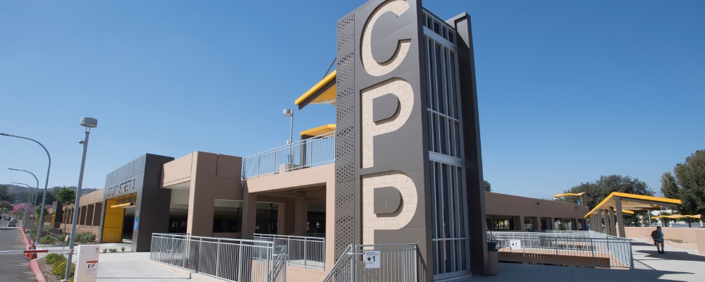 Exterior of parking structure with CPP letters