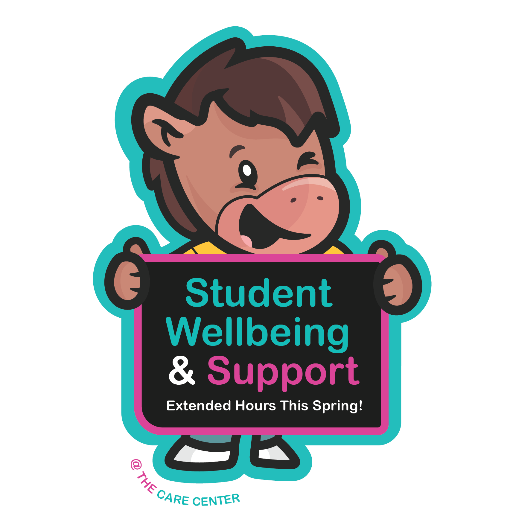 baby billy bronco holding student wellbeing and support sign