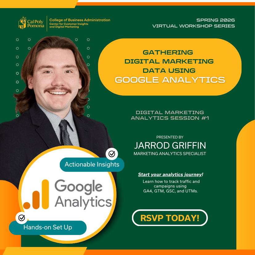 Flyer for “Gathering Digital Marketing Data Using Google Analytics” workshop covering GA4, Google Tag Manager, Search Console, UTMs, and Key Events.
