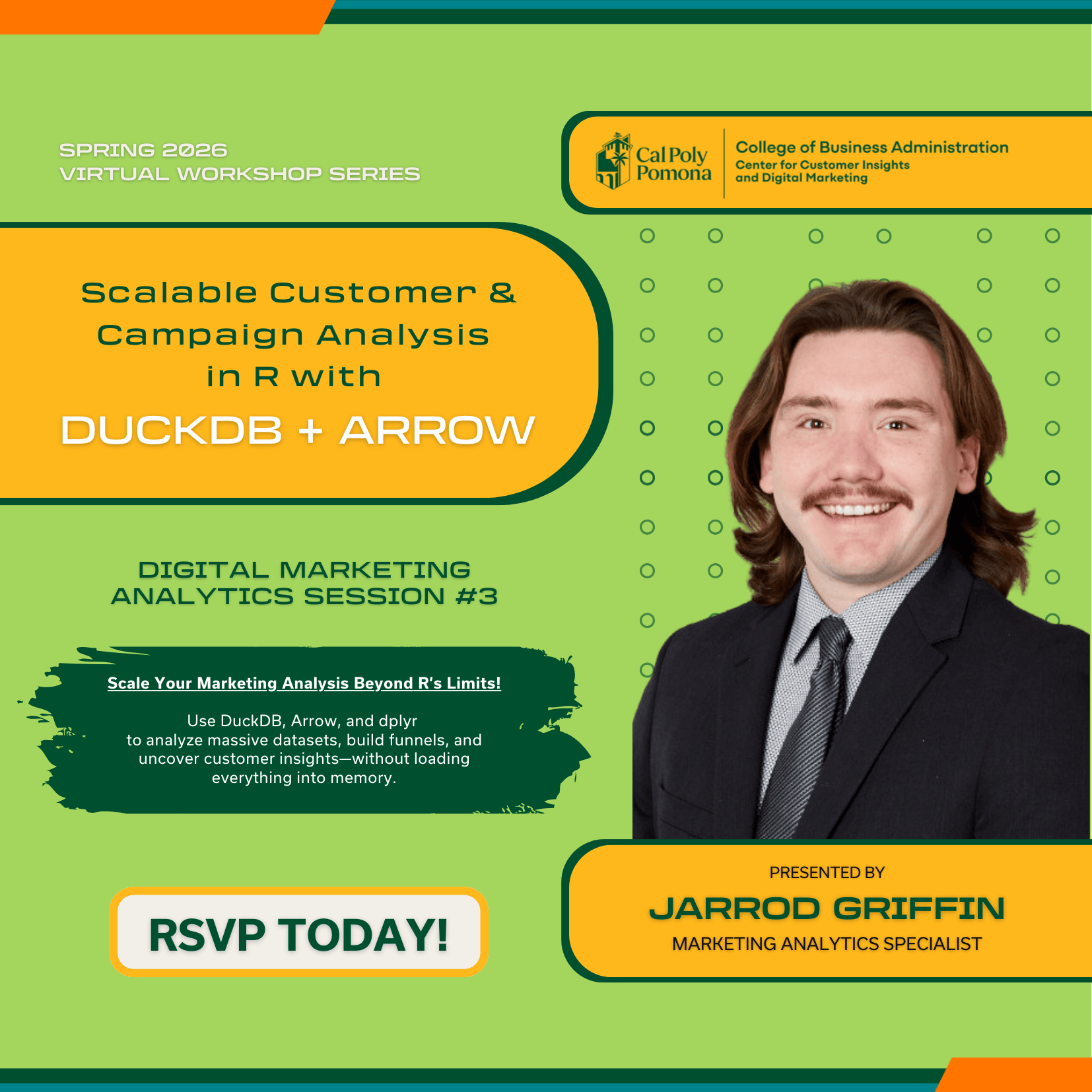 Flyer for “Scalable Customer & Campaign Analysis in R with DuckDB + Arrow” workshop