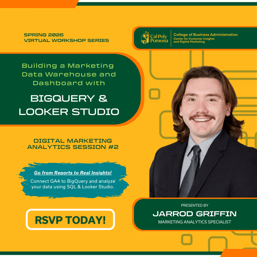 Flyer for “Building a Marketing Data Warehouse and Dashboard with BigQuery & Looker Studio” workshop covering BigQuery Sandbox setup, merging spreadsheet and GA4 data, basic SQL queries, Gemini AI coding assistance, and automated Looker Studio dashboards.