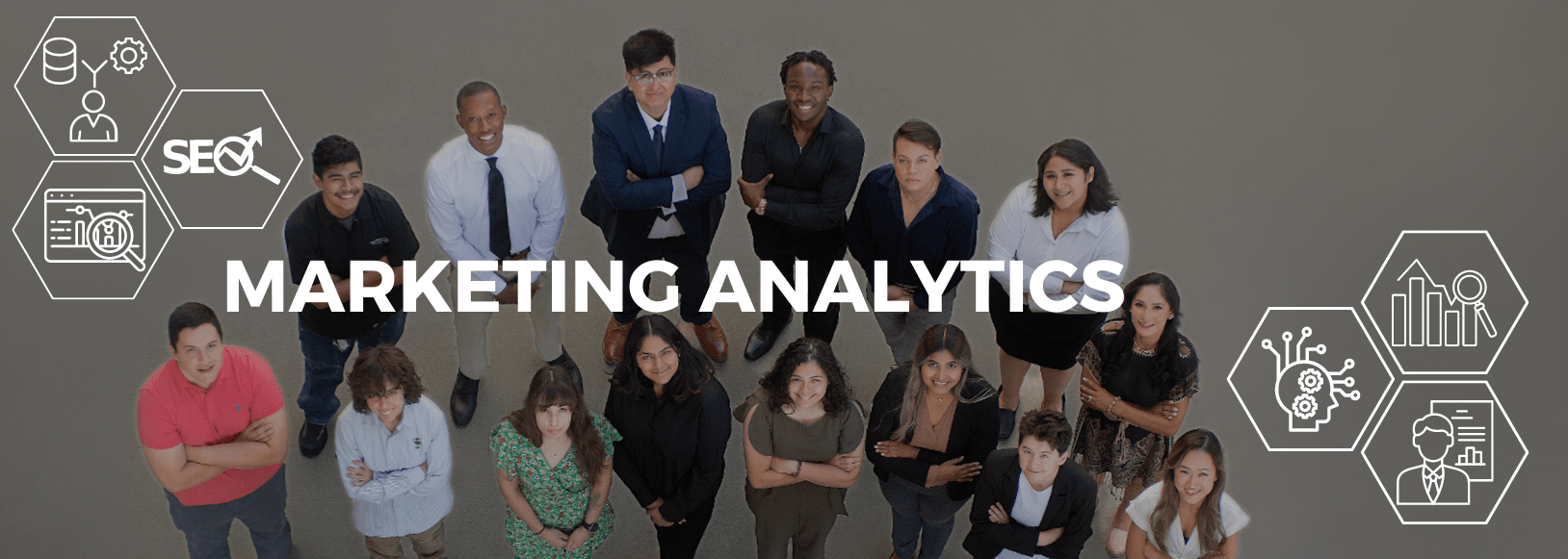 Group of students dressed in business attire with analytics icons