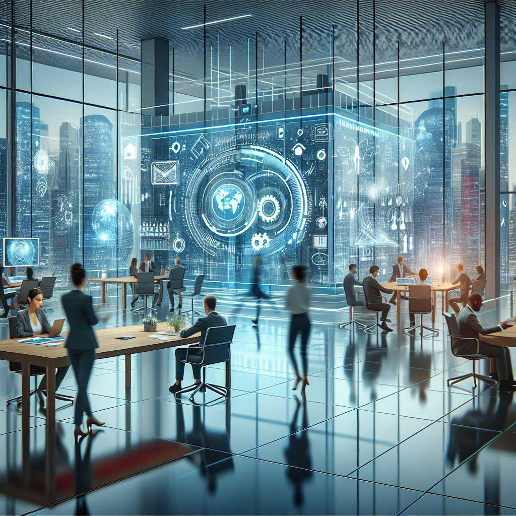 AI rendering of students working at computers in lab