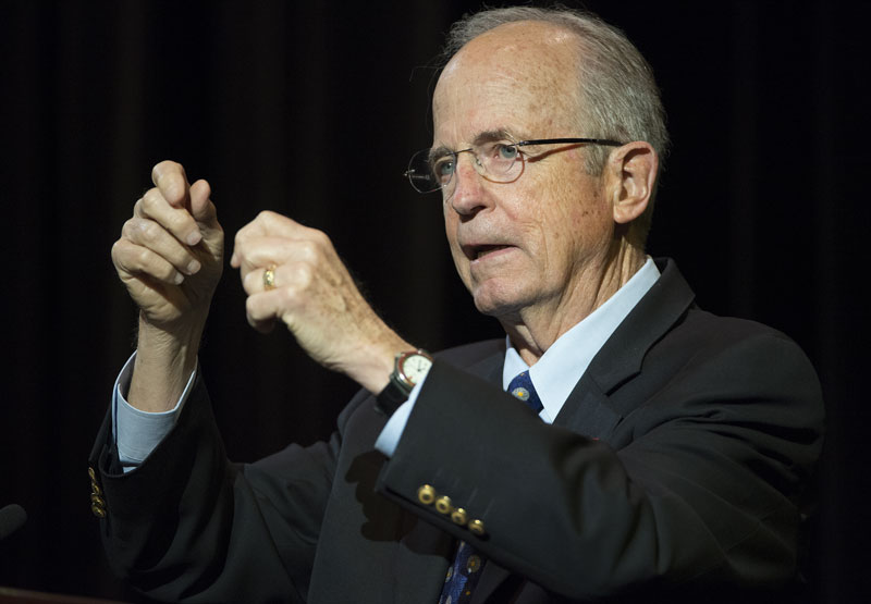 Peter V. Ueberroth speaking on stage during his Leadership Forum