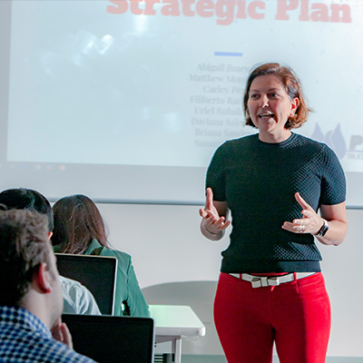 Marketing professor Ozkya speaking to her class