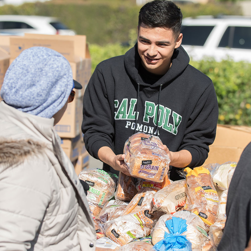 Student in Cal Poly Pomona sweatshirt handing food to seniors