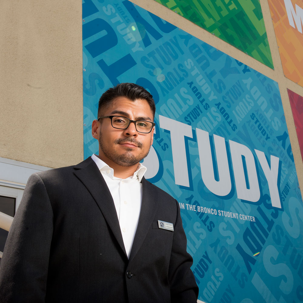 Johndaniel Morales in front of Bronco Student Center
