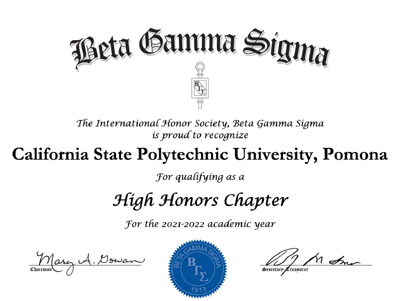 Betta Gamma Sigma 2022 High Honors Certificate