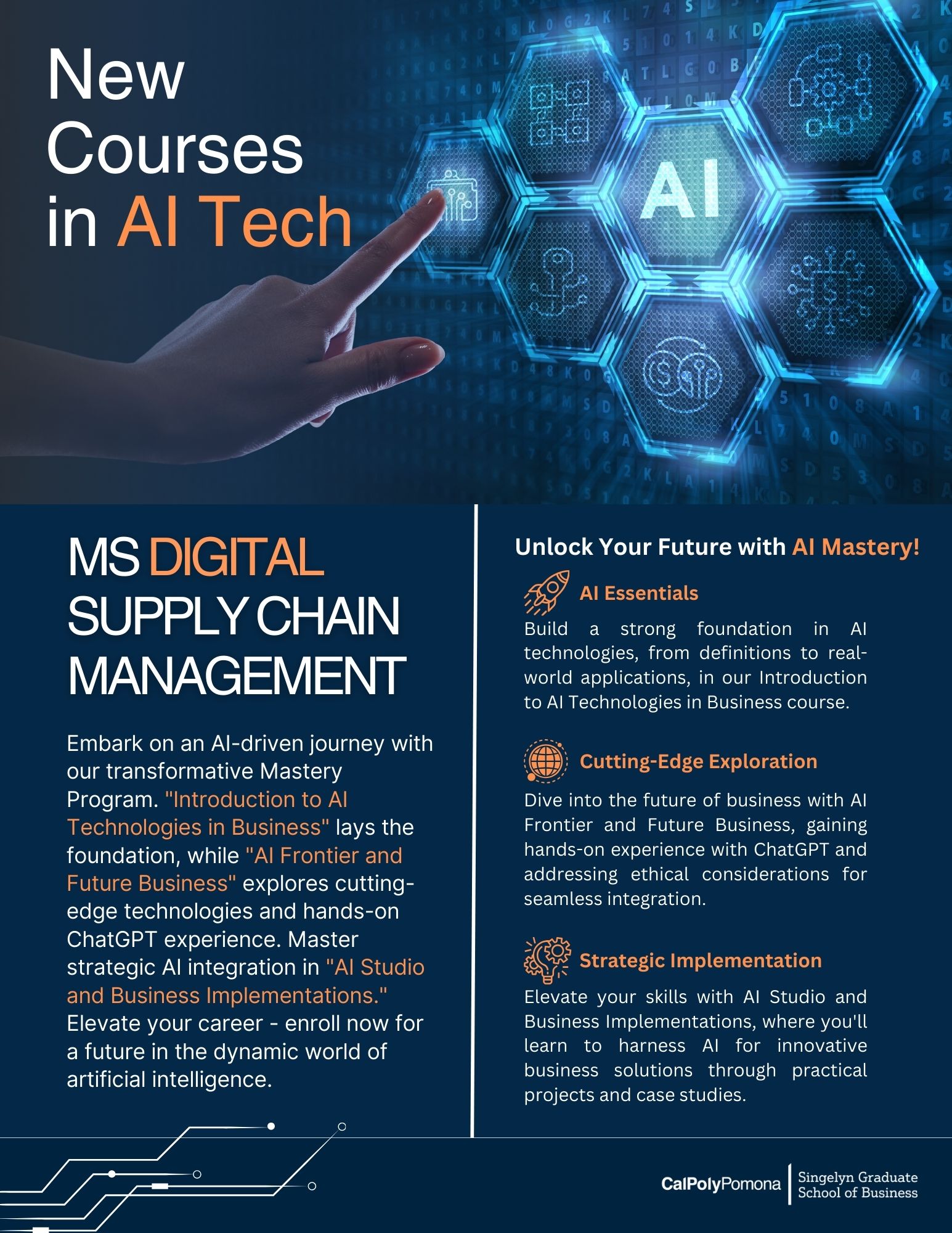 Technology and Operations Management &amp; E Business Department.  MS Digital Supply Chain Management.  Now Accepting Applications Fall Cohort 2022.  Competitive Tuition. Stem Program. Accelerated Roadmap Option. Networking with Industry Partners. Transformative Digital Tools - Blockchain, RPA,  &amp; SAP.  Join the next generation of business professionals as they gain transformative insights of contemporary digital supply chain management
