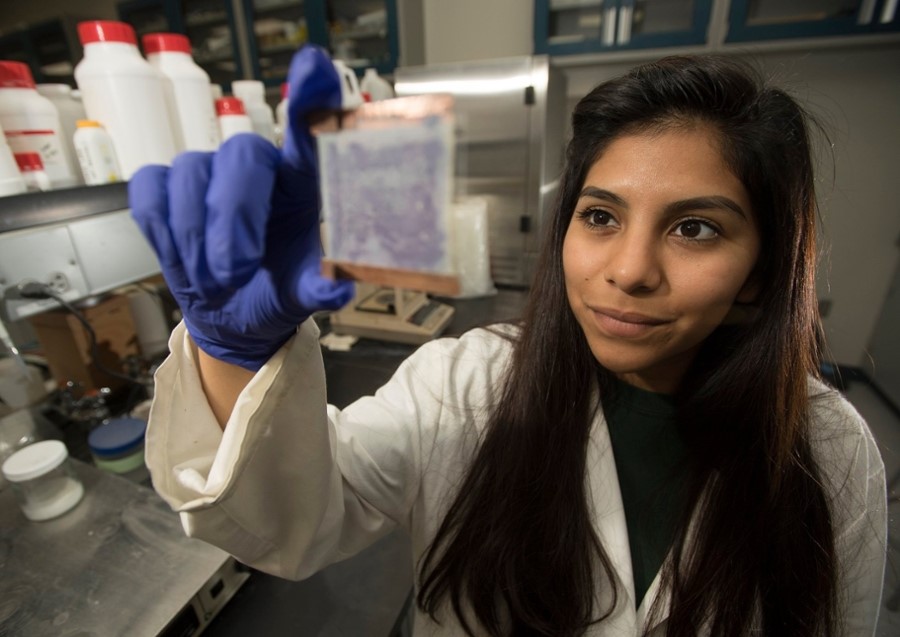 Student in a research lab viewing lab apparatus