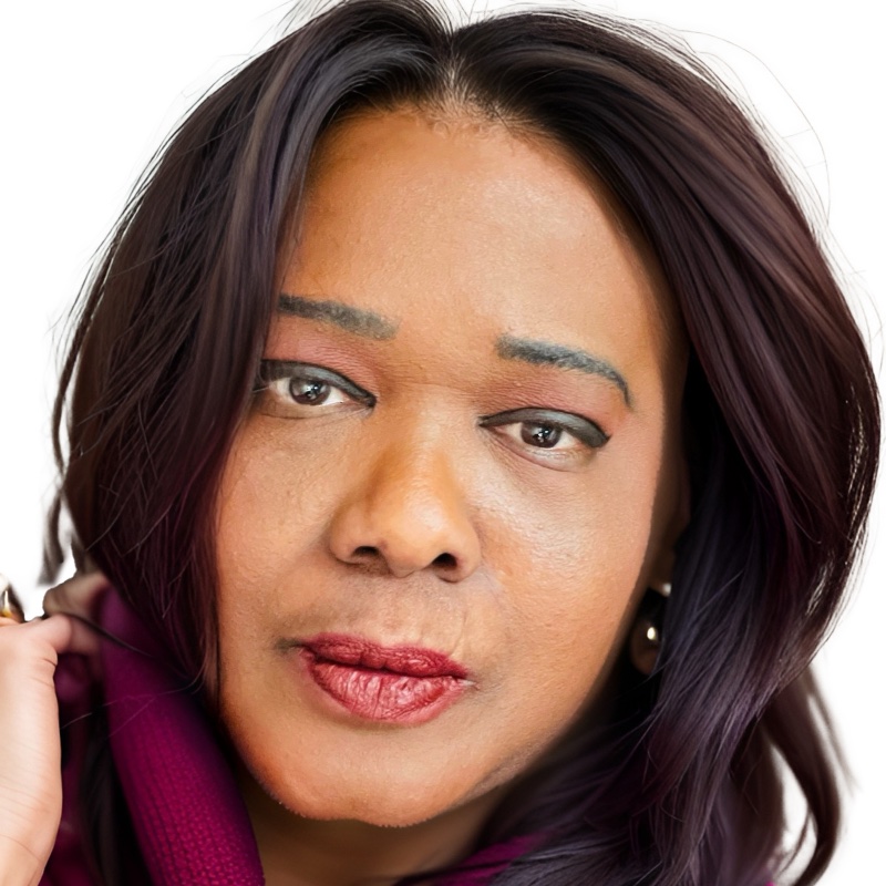 Selfie of female smiling has on red lipstick.