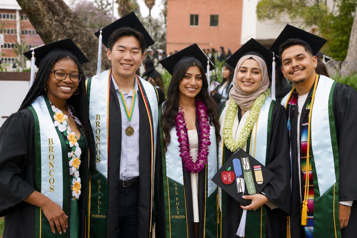 Students of various ethnicities wearing regalia for graduation. They are posing for a photo and smiling at the camera.