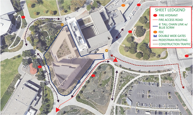 Phase 1 sheet legend and map of fire hydrant, fire access road, chain link and blue scrim, DFC, double wide gates, pedestrian routing, construction traffic