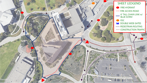 Phase 2 sheet legend and map of fire hydrant, fire access road, chain link and blue scrim, DFC, double wide gates, pedestrian routing, construction traffic