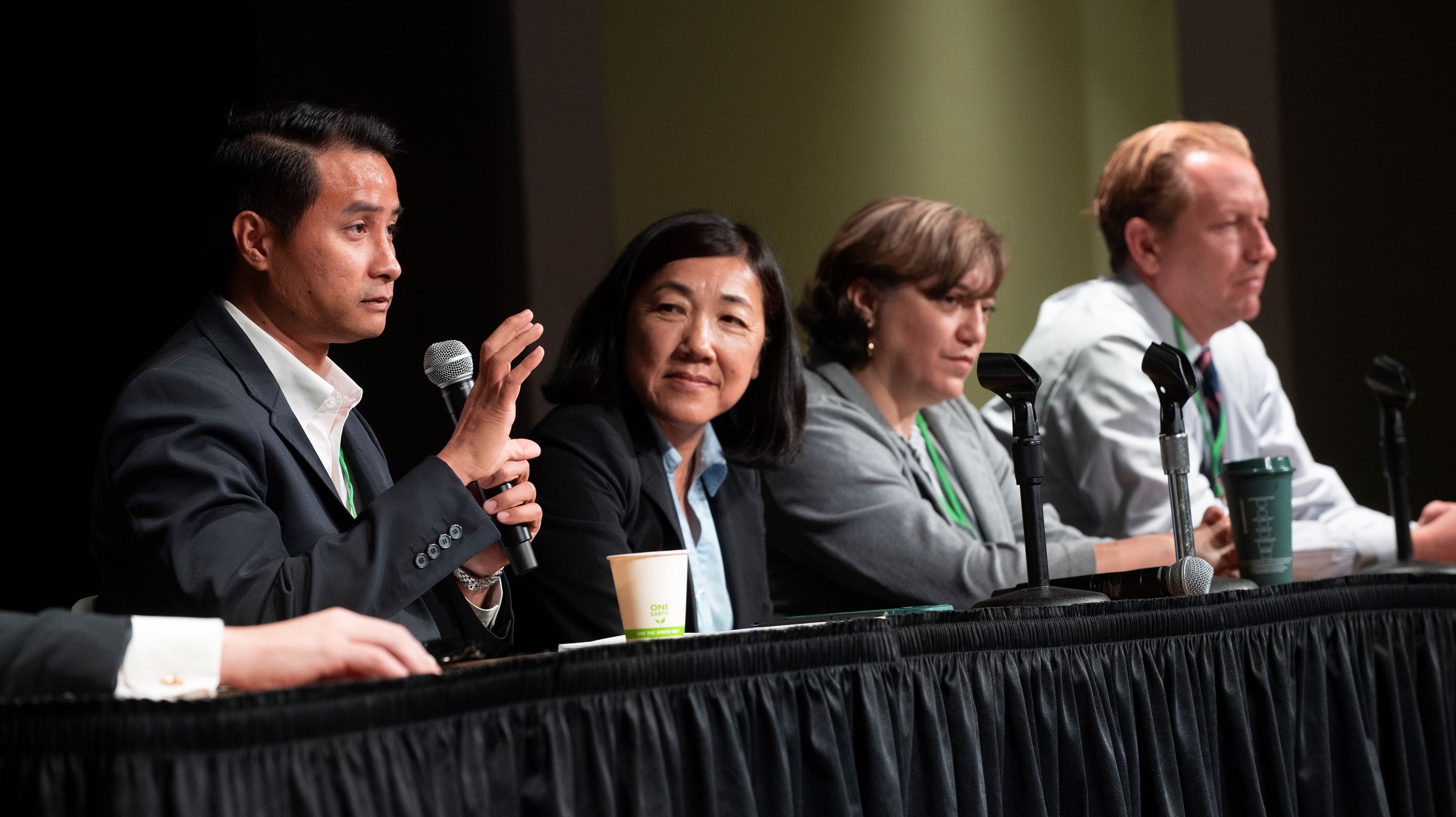 From Left to Right: Tom Vo, Jian Lange, Bertha Garcia Munoz, and Mark Greninger speak at a panel discussion on GIS day