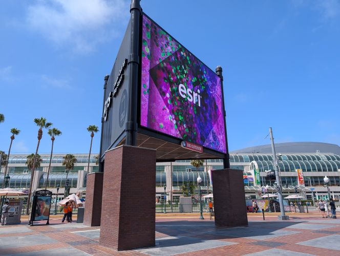 The Esri logo displayed on the Gaslamp digital display in front of the convention center