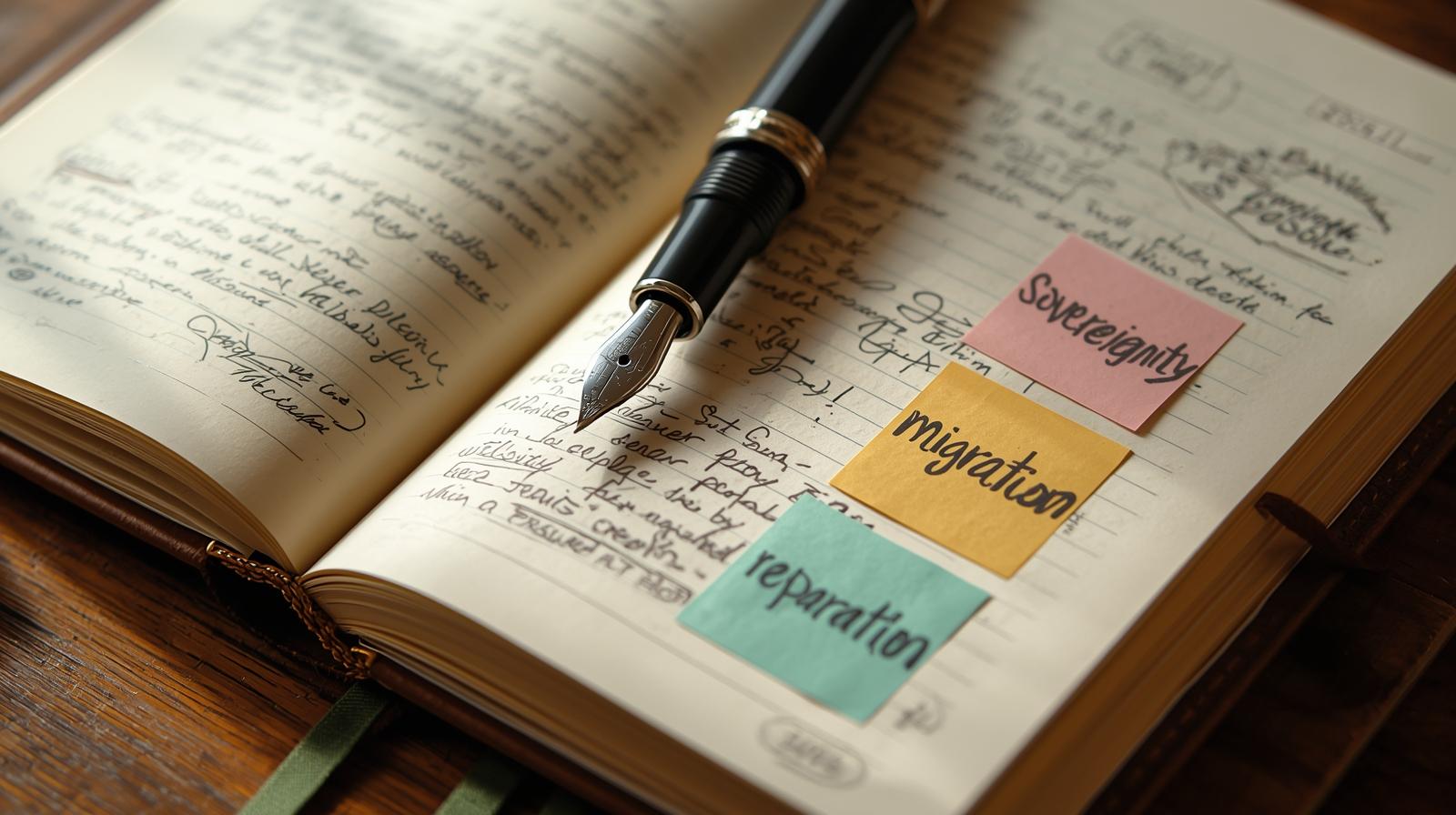 An open notebook with sticky notes