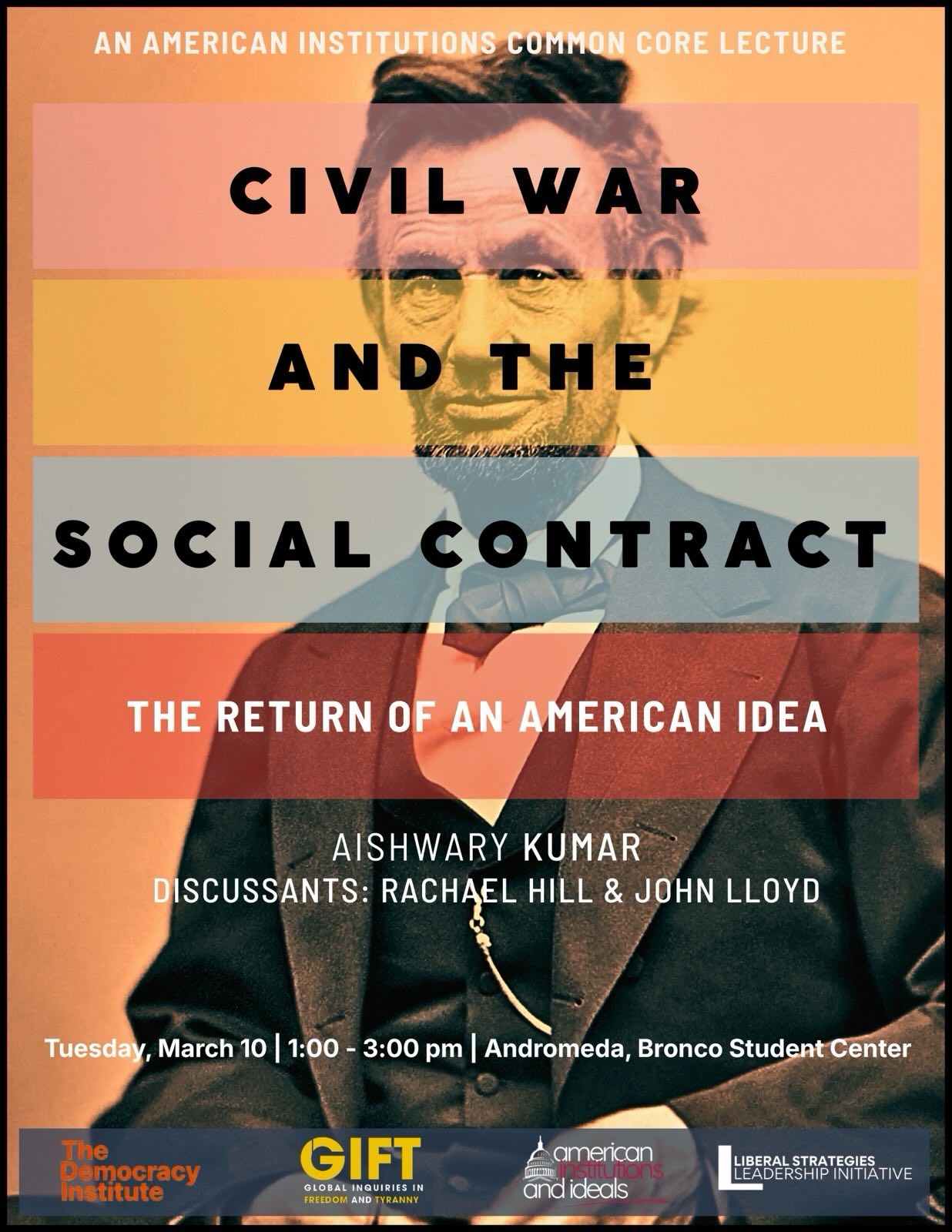 Flyer for the event with a portrait of Abraham Lincoln