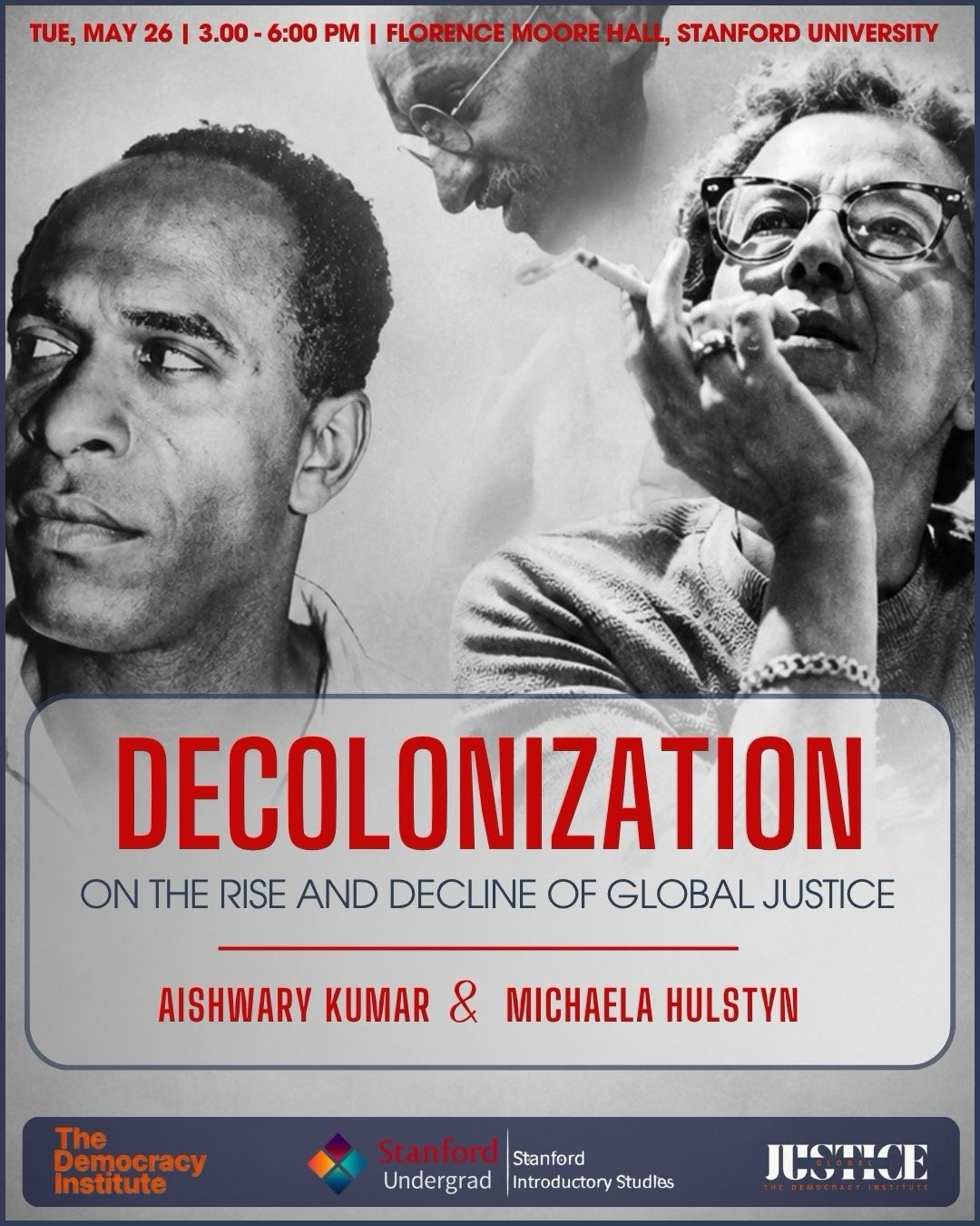 Flyer for the event with diffused portraits of Fanon, Arendt and Gandhi