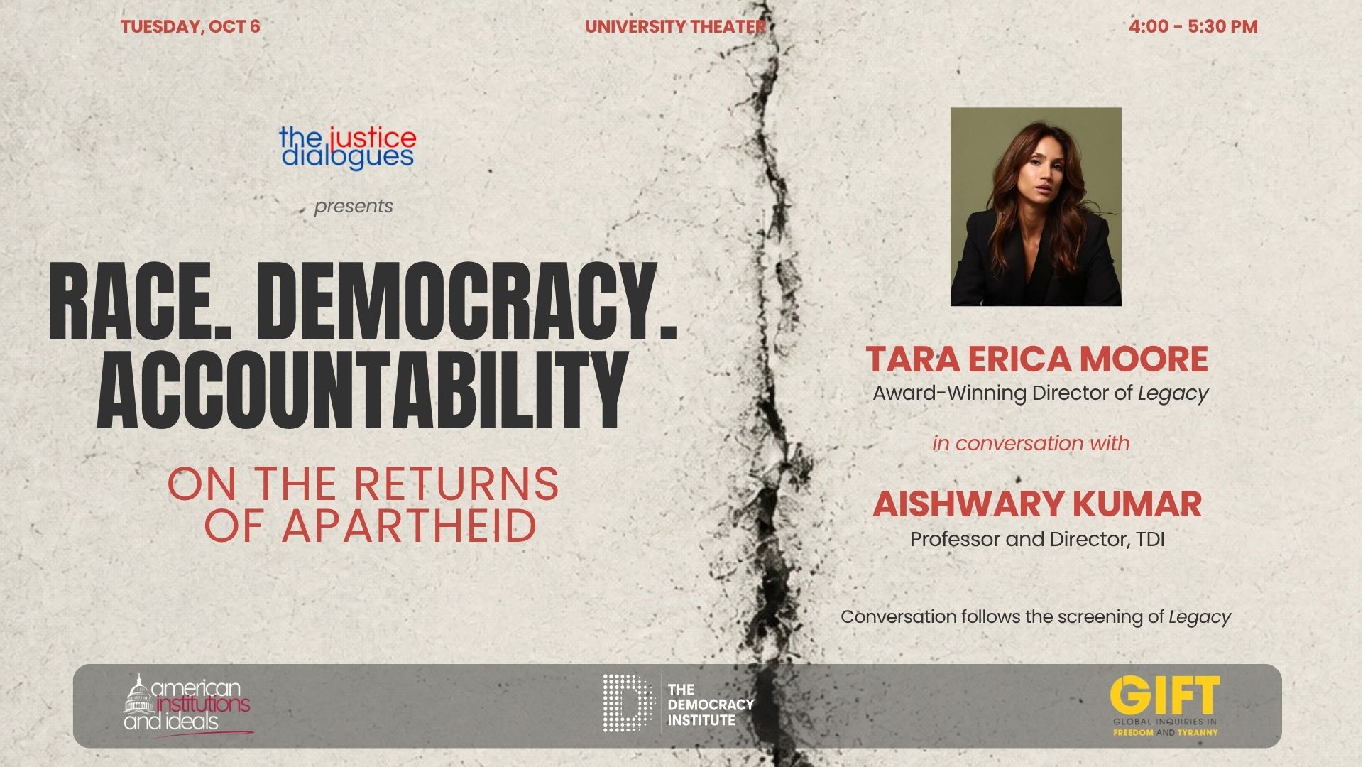 Flyer for the Justice Dialogue between Tara Erica Moore and Dr. Aishwary Kumar