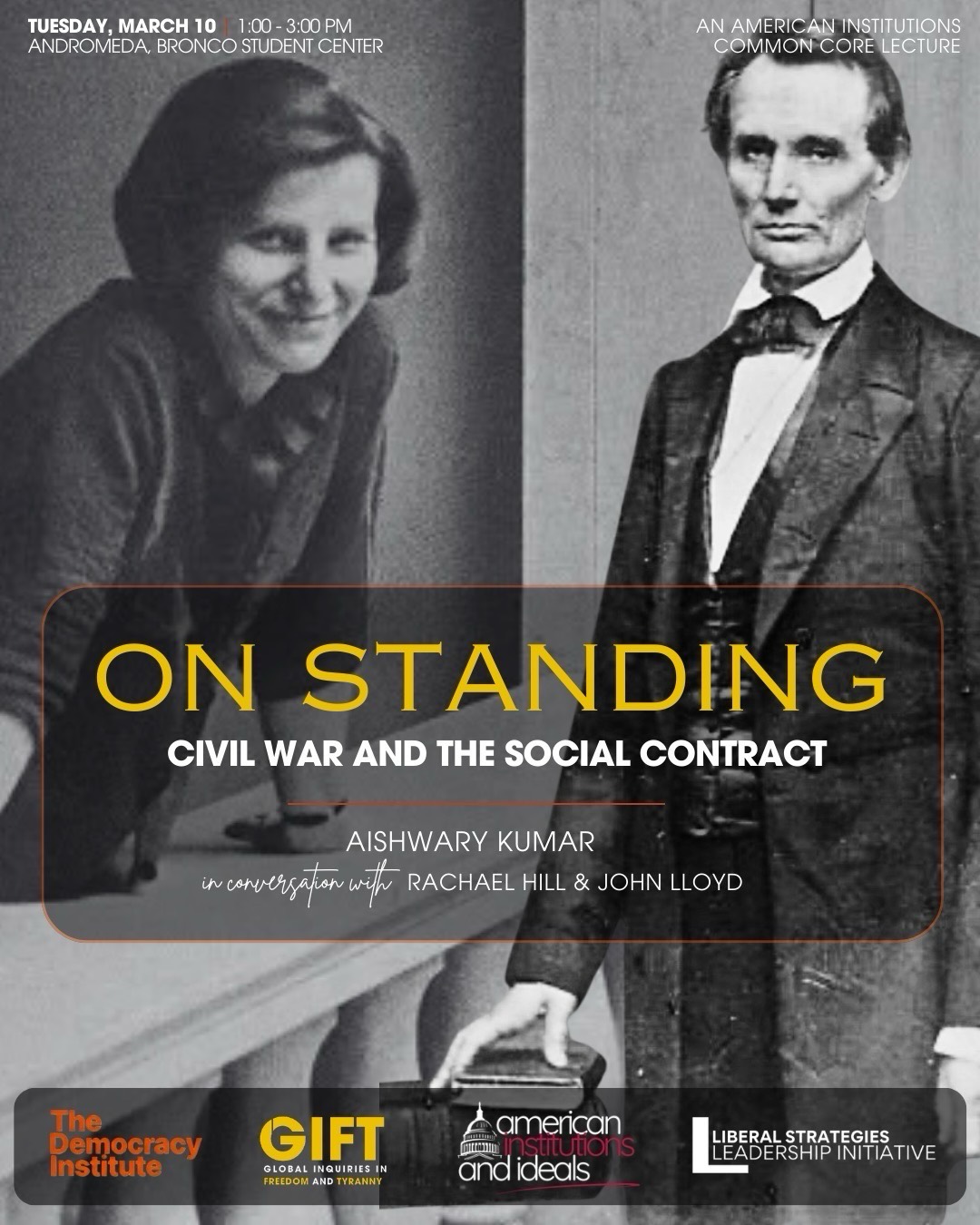 Event flyer with portrait of Abraham Lincoln and Judith Shklar