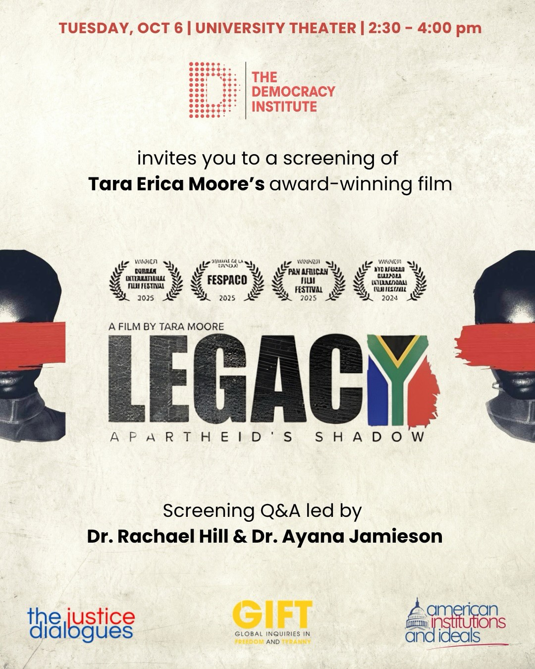 Poster for the screening of Legacy, Tara Erica Moore's award winning film on apartheid 