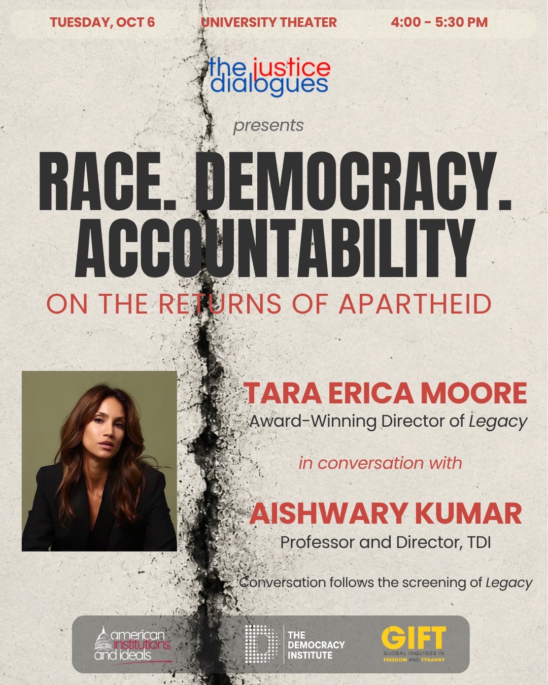 Poster for the Justice Dialogue between filmmaker Tara Erica Moore and Dr. Aishwary Kumar