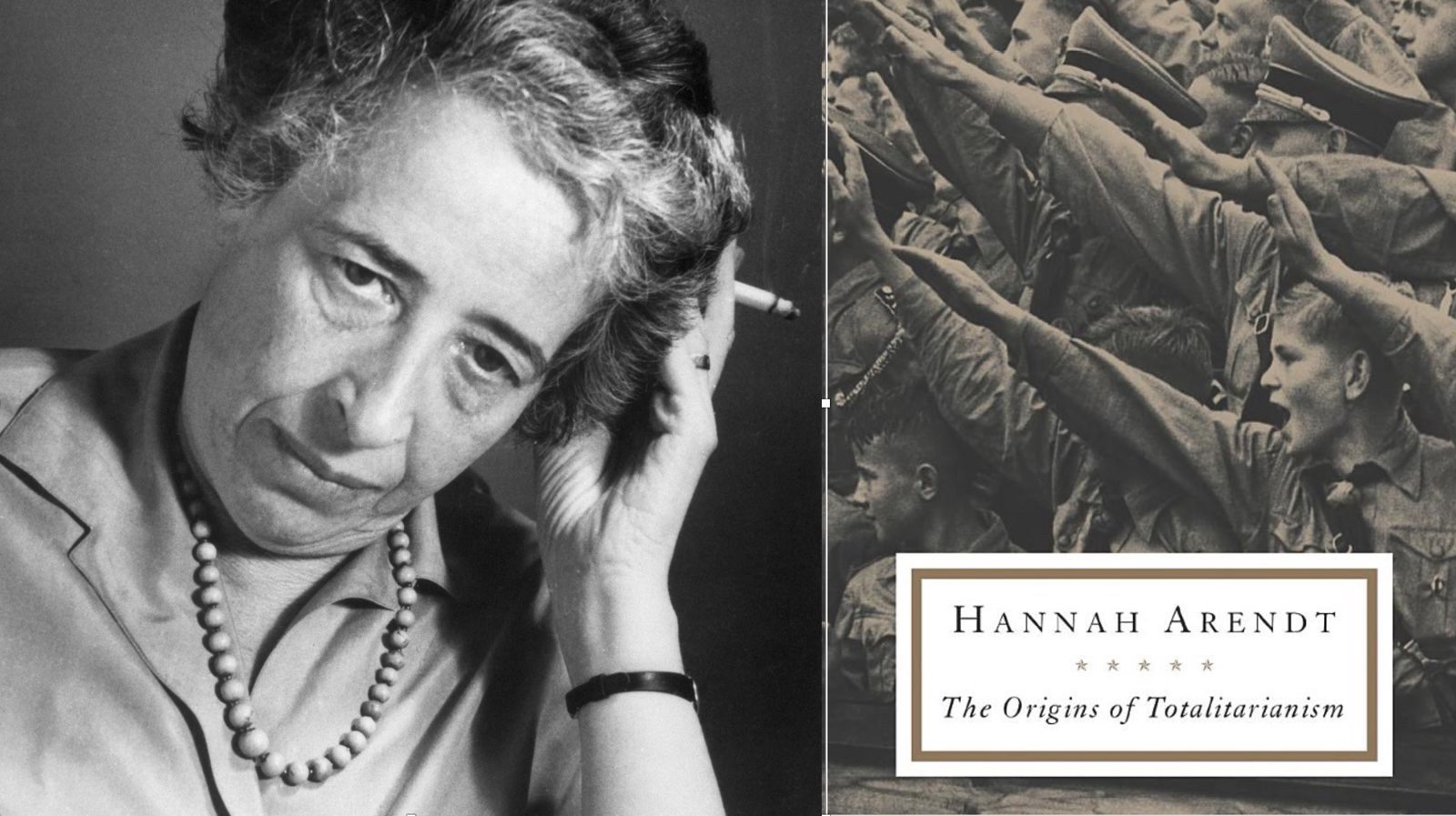 Hannah Arendt and the cover of her seminal book, The Origins of Totalitarianism