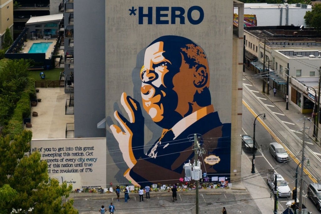Mural of John Lewis on the side of a building
