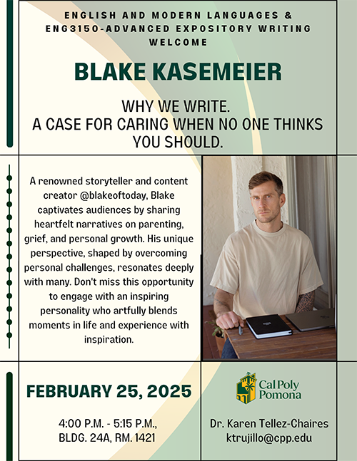 Text replicated above; photo of Blake Kasemeier, a white man with swoopy blond and grey hair, light eyes, and visible arm tattoos, sitting at a table with a laptop and notebook