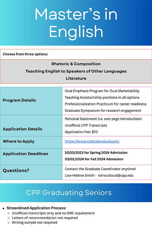 Flyer previewing information about our MA program -- see the Graduate Programs section of our website for additional information