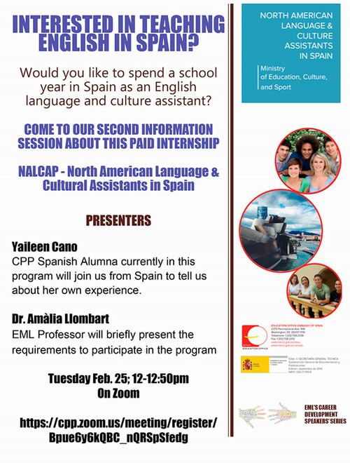 flyer with information provided above, images of smiling people in Spain & NALCAP logo